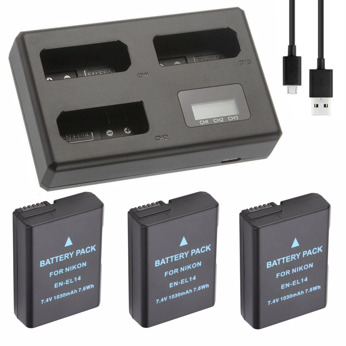 Kit 3 Baterias EN-EL14 + Carregador Triplo para Nikon