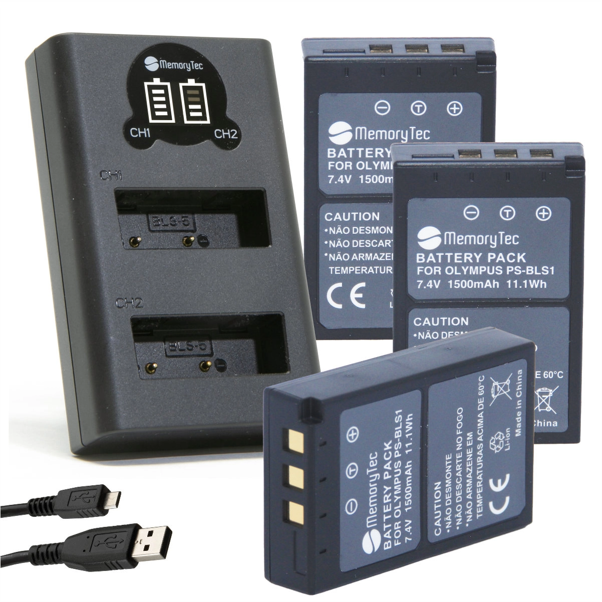 Kit 3 Baterias PS-BLS1 + Carregador Duplo DL para Olympus