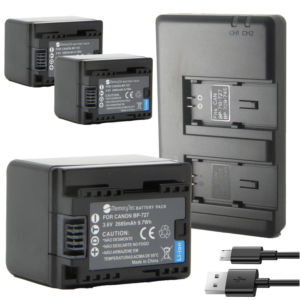 Kit 3 Baterias BP-727 + Carregador Duplo DU para Canon