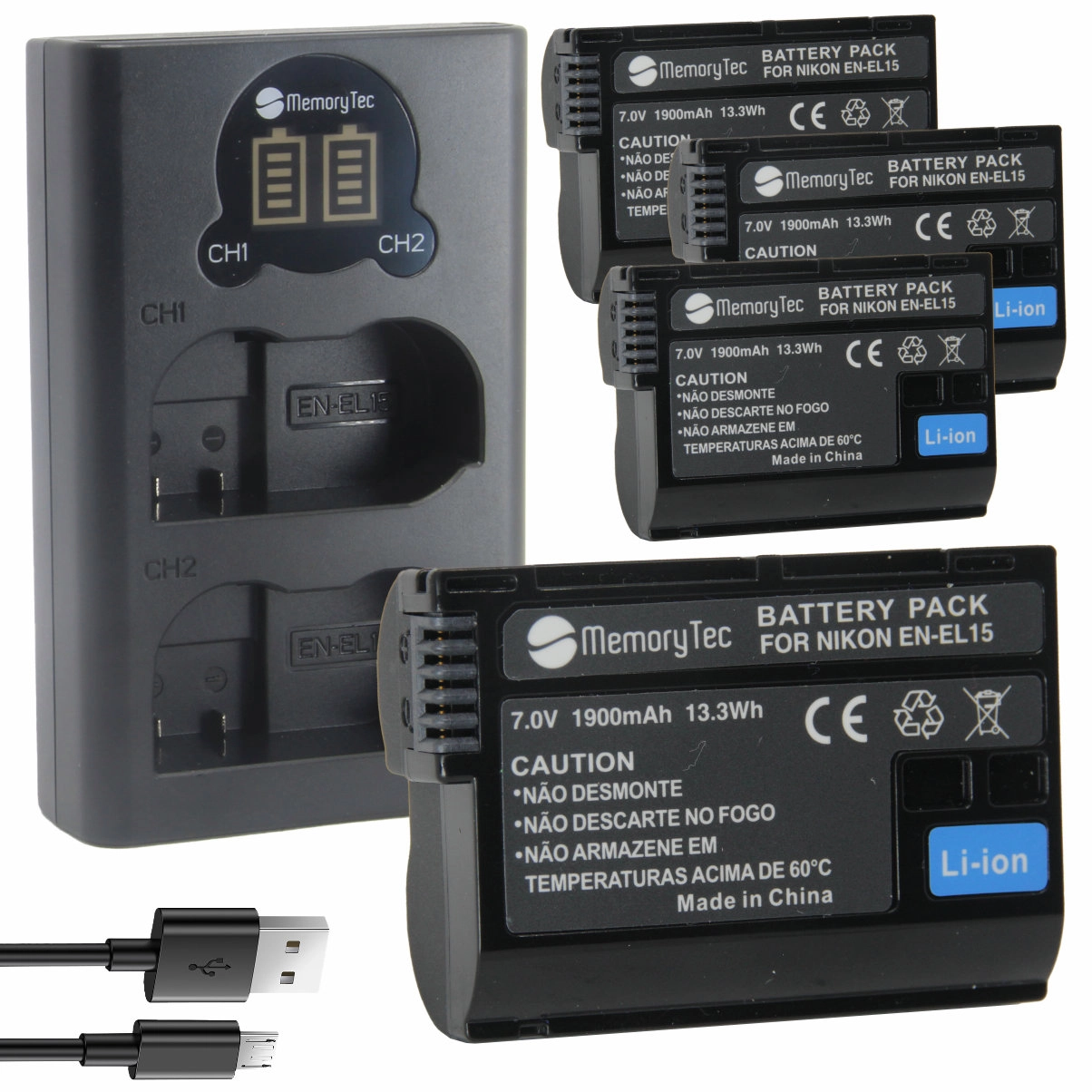 Kit 4 Baterias MemoryTec En-el15 + Carregador Duplo DL para Nikon
