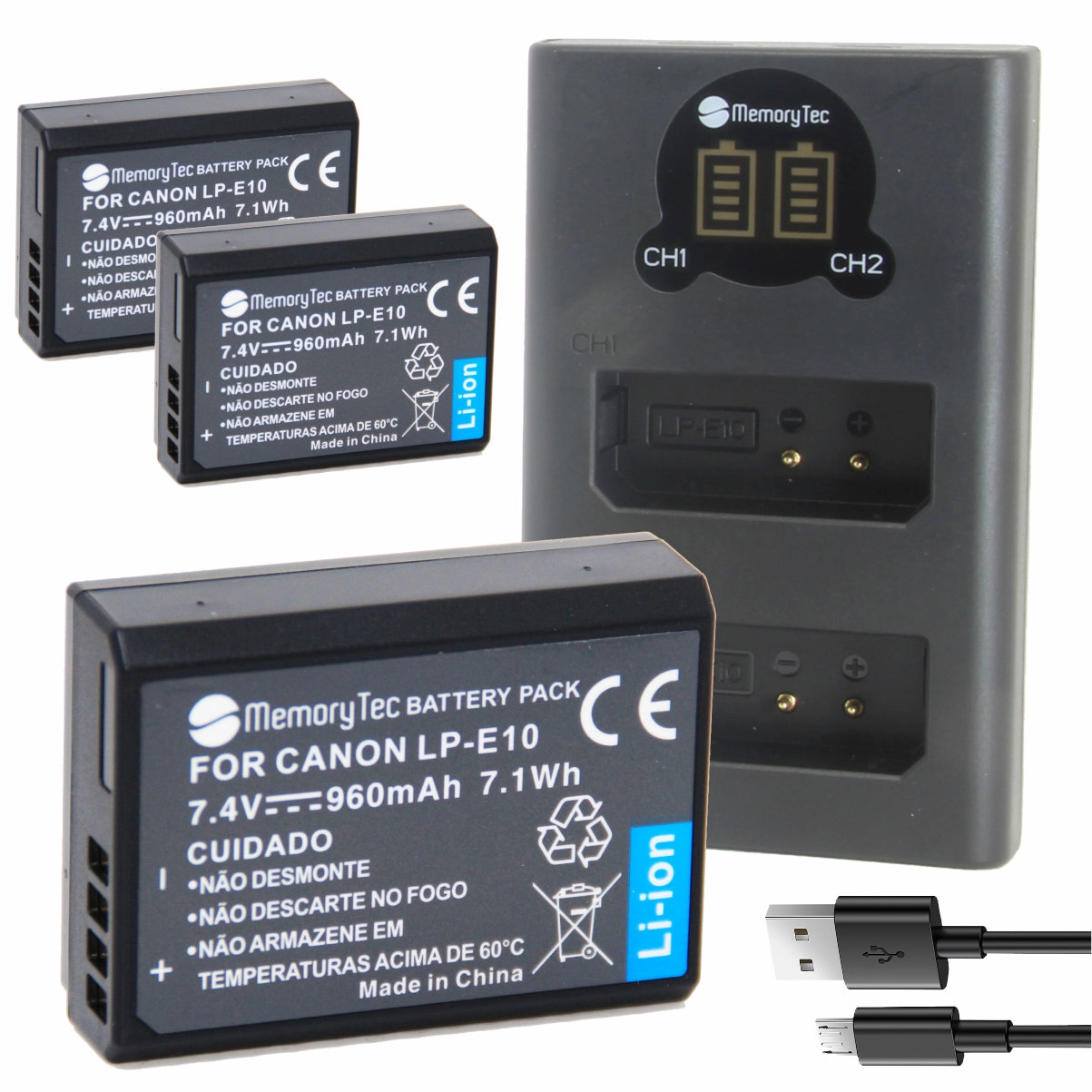 Kit 3 Baterias LP-E10 + Carregador Duplo DL para Canon