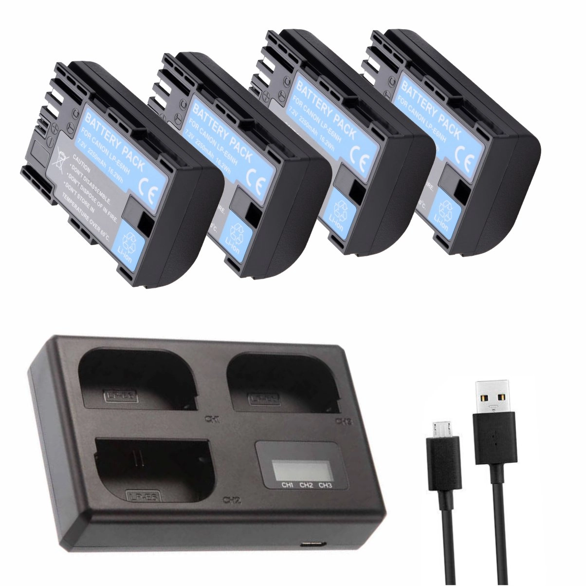 Kit 4 Baterias LP-E6NH PRO + Carregador Triplo TT para Canon