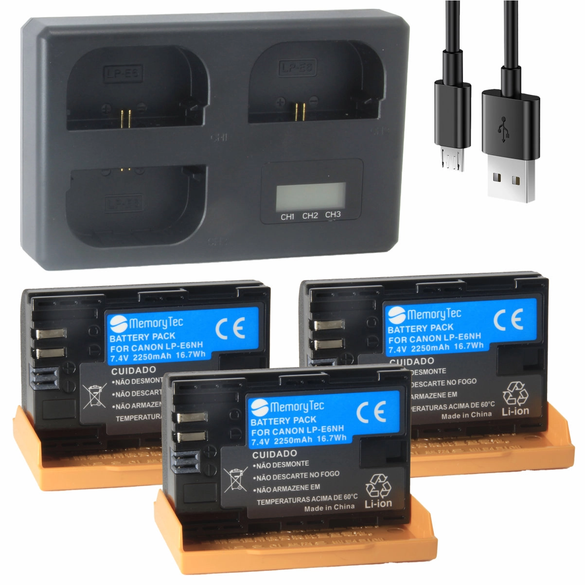 Kit 3 Baterias LP-E6NH PRO + Carregador Triplo TT para Canon