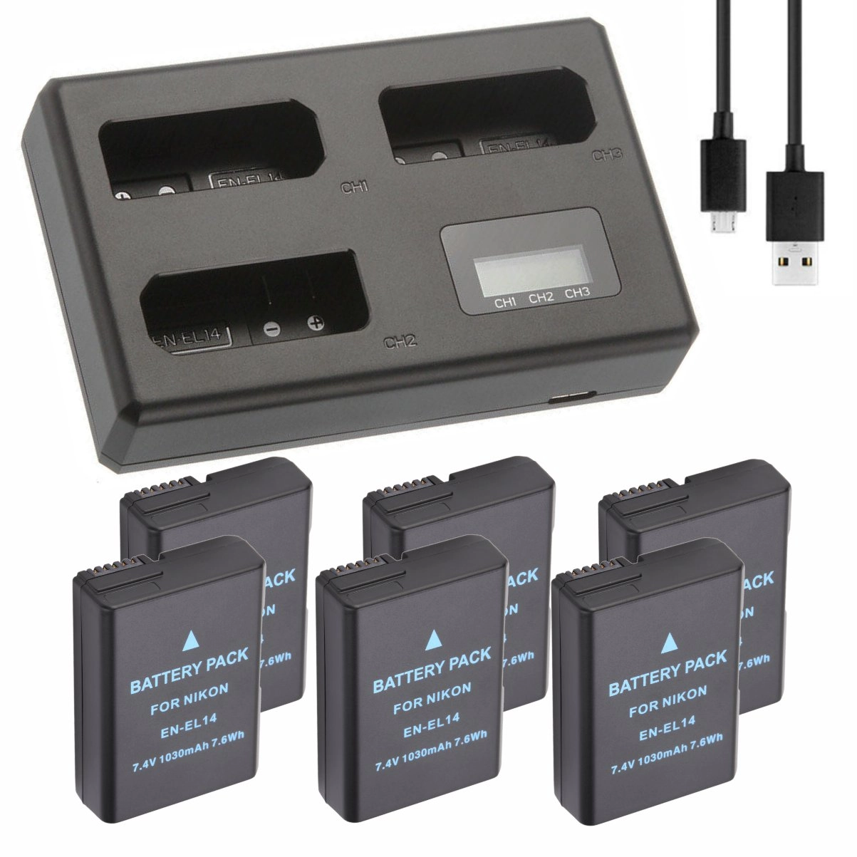 Kit 6 Baterias EN-EL14 + Carregador Triplo TT para Nikon