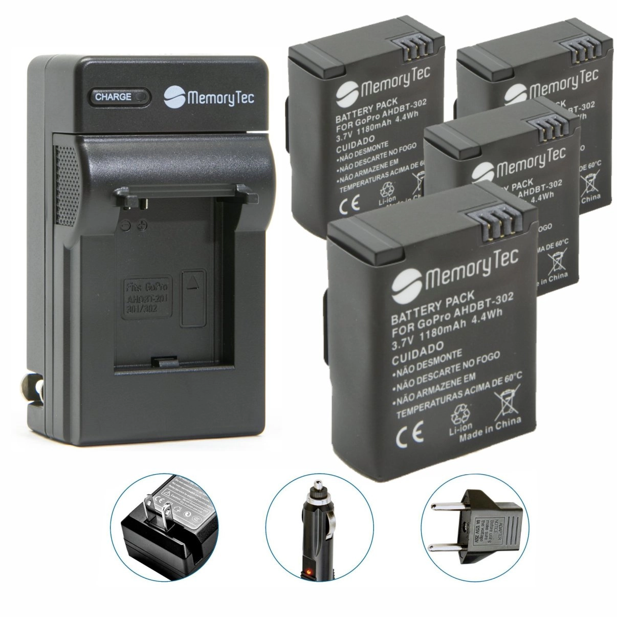 Kit 4 Baterias AHDBT-301 + Carregador para GoPro Hero 3