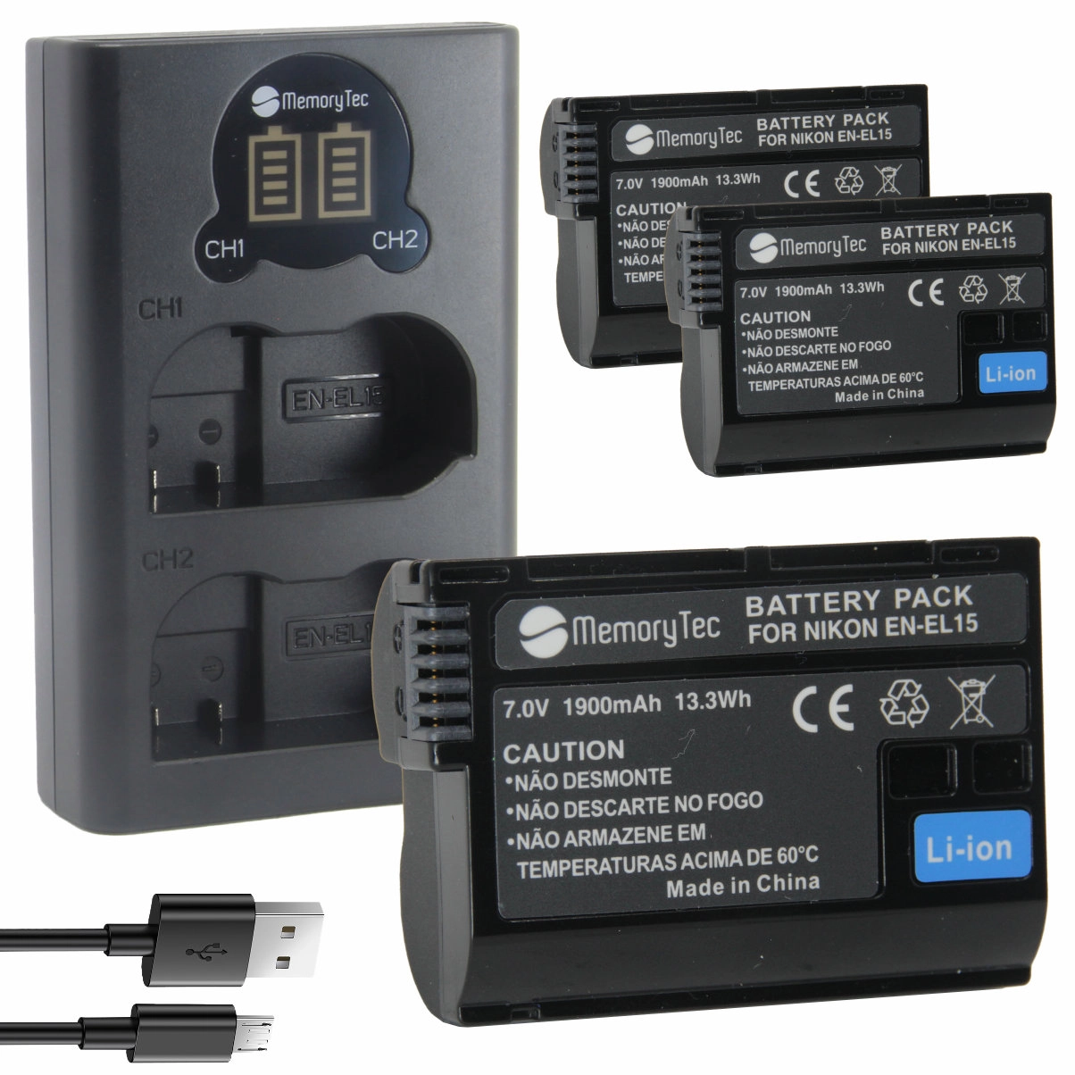 Kit 3 Baterias En-el15 + Carregador Duplo para Nikon