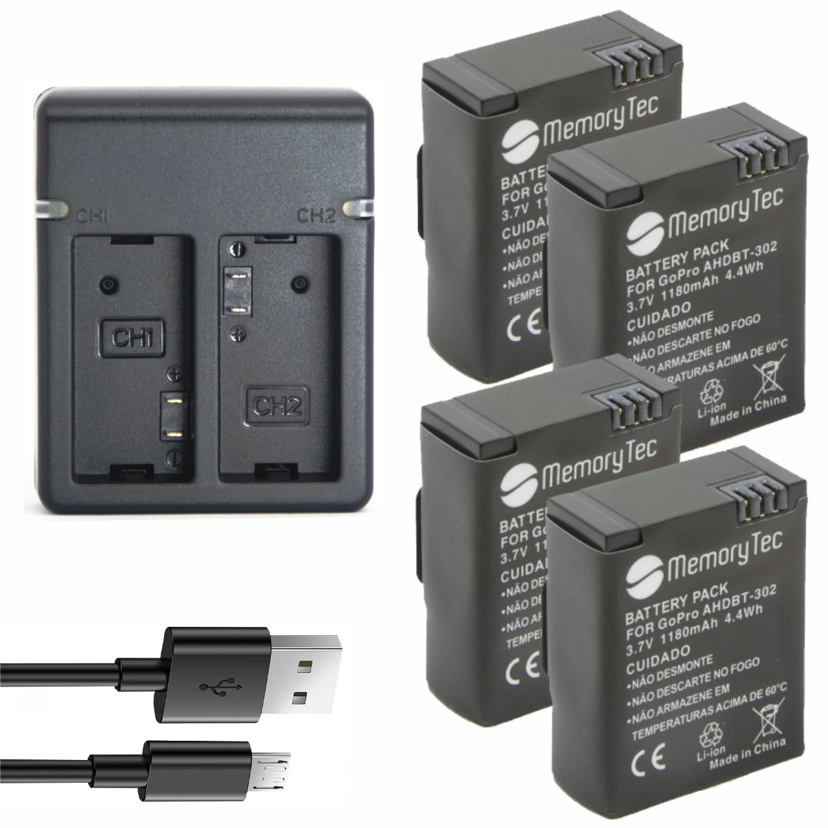 Kit 4 Baterias AHDBT-301 + Carregador Duplo para GoPro 3