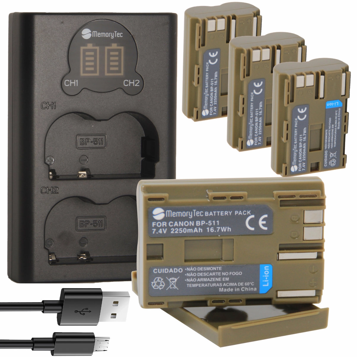 Kit 4 Baterias BP-511 + Carregador Duplo DL para Canon