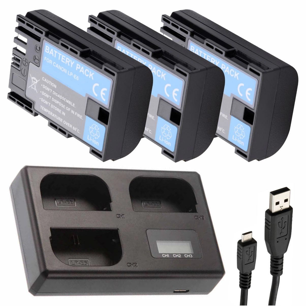 Kit 3 Baterias LP-E6N + Carregador Triplo para Canon