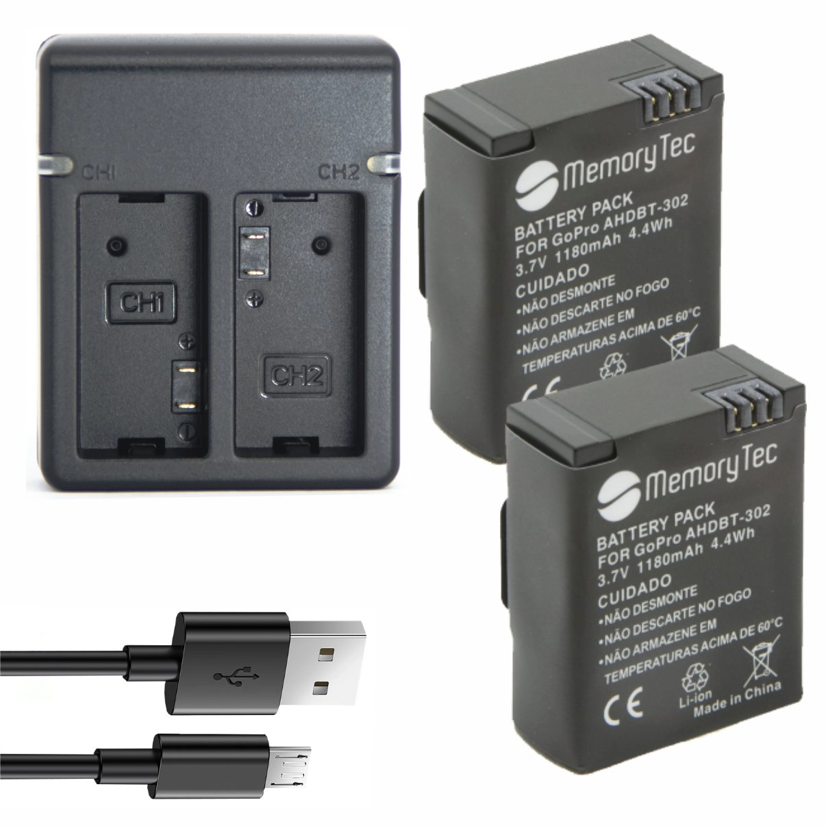 Kit 2 Baterias AHDBT-301 + Carregador Duplo para GoPro 3
