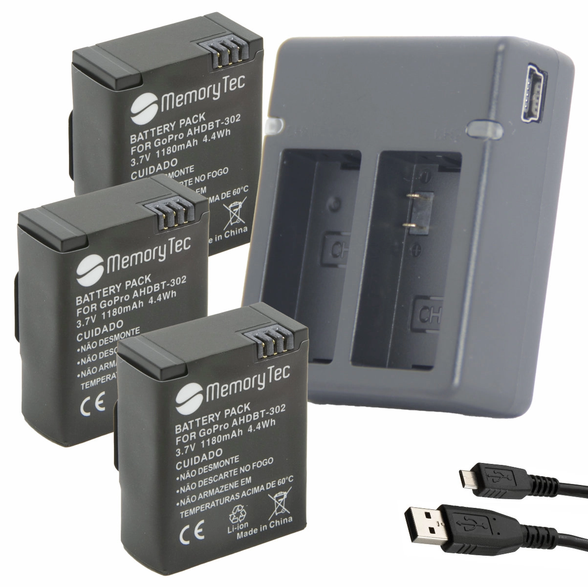 Kit 3 Baterias AHDBT-301 + Carregador Duplo GoPro 3