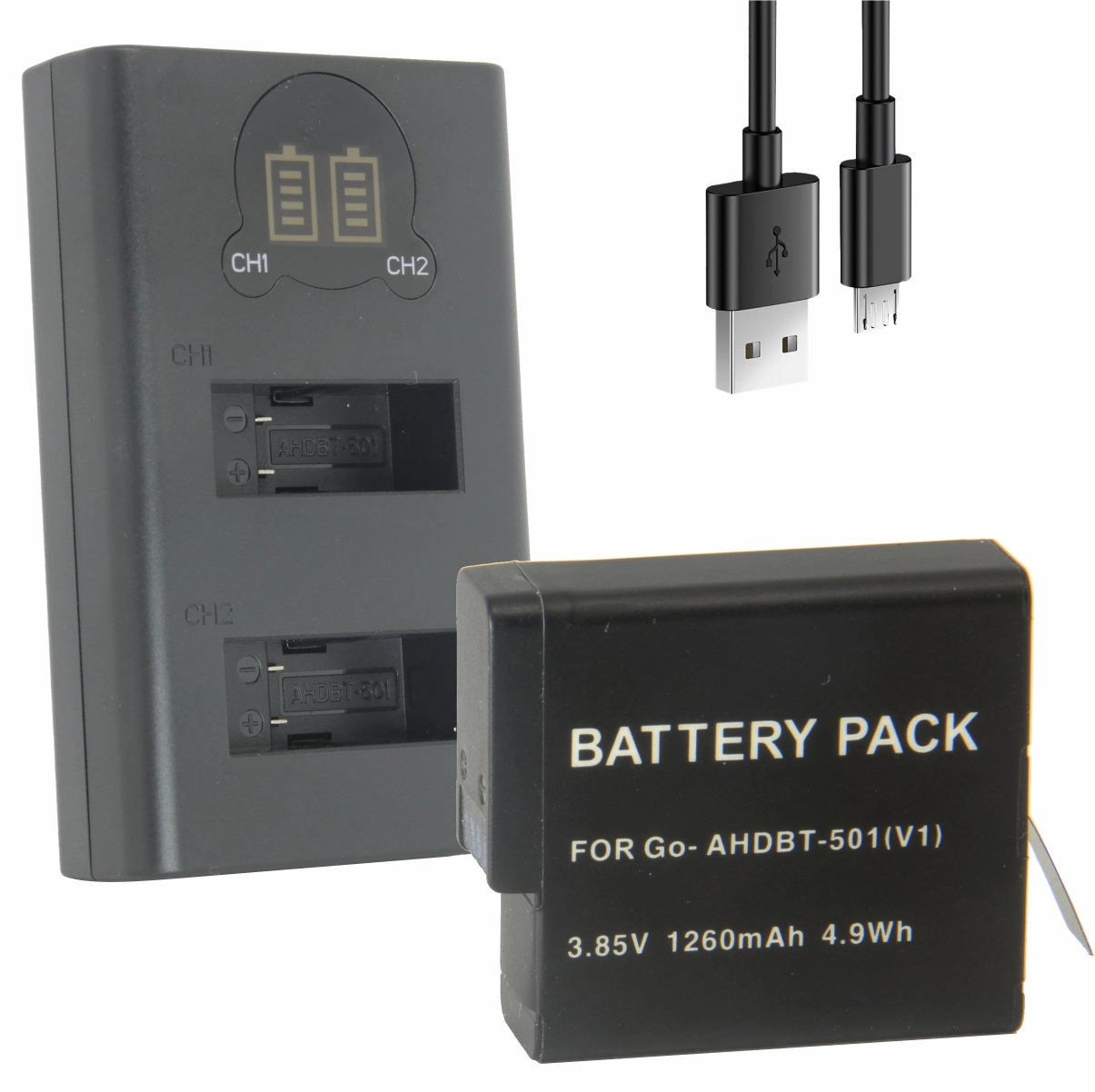 Kit 1 Bateria AHDBT-501 + Carregador Duplo para GoPro 5