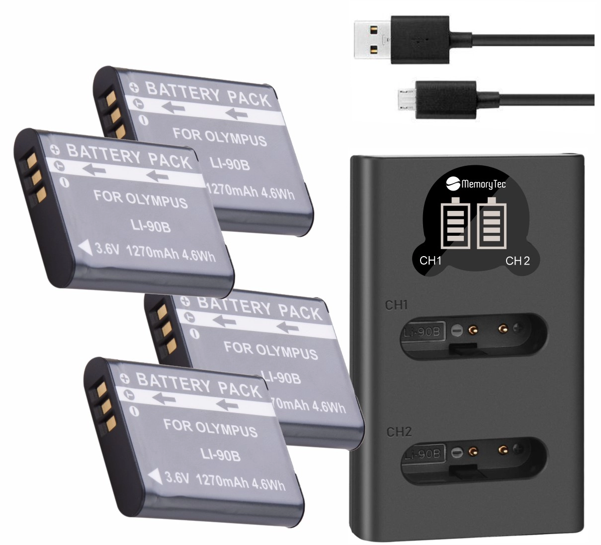 Kit 4 Baterias MemoryTec Li-90B + Carregador Duplo DL para Olympus