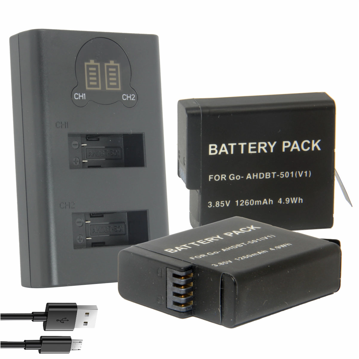 Kit 2 Baterias AHDBT-501 + Carregador Duplo para GoPro 5
