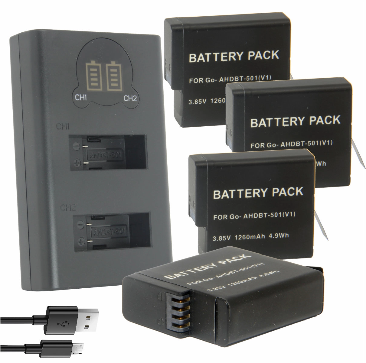 Kit 4 Baterias AHDBT-501 + Carregador Duplo para GoPro 5