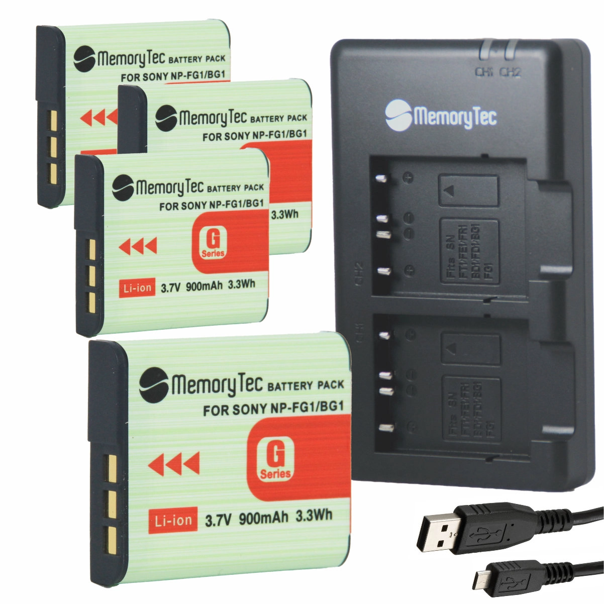 Kit 4 Baterias MemoryTec NP-BG1/FG1 + Carregador Duplo para Sony Kit 4 Baterias MemoryTec NP-BG1/FG1 + Carregador Duplo para Sony