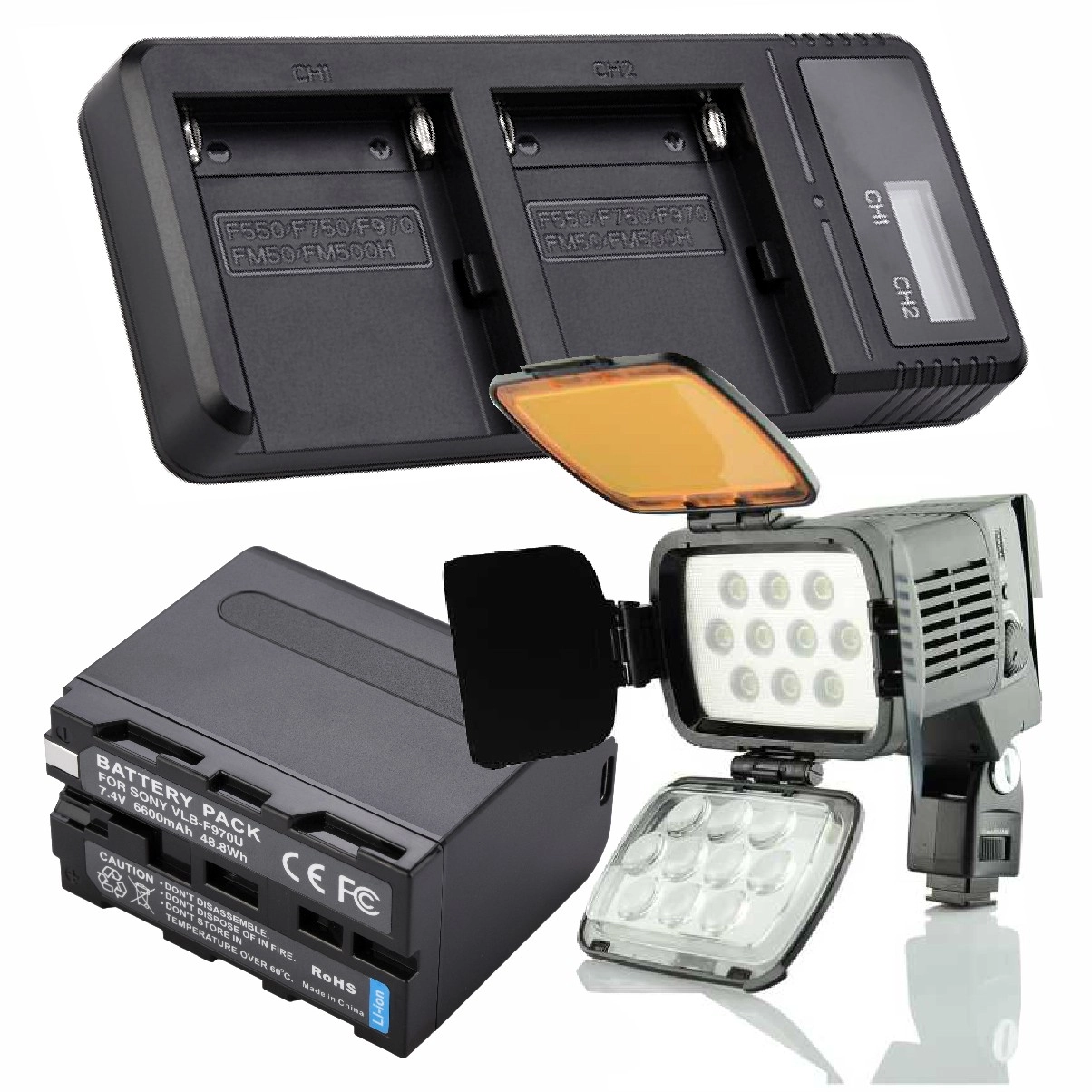 Kit Iluminador Led LED-VL001A + Bateria F970 + Carregador Duplo DL Kit Iluminador Led LED-VL001A + Bateria F970 + Carregador Duplo DL