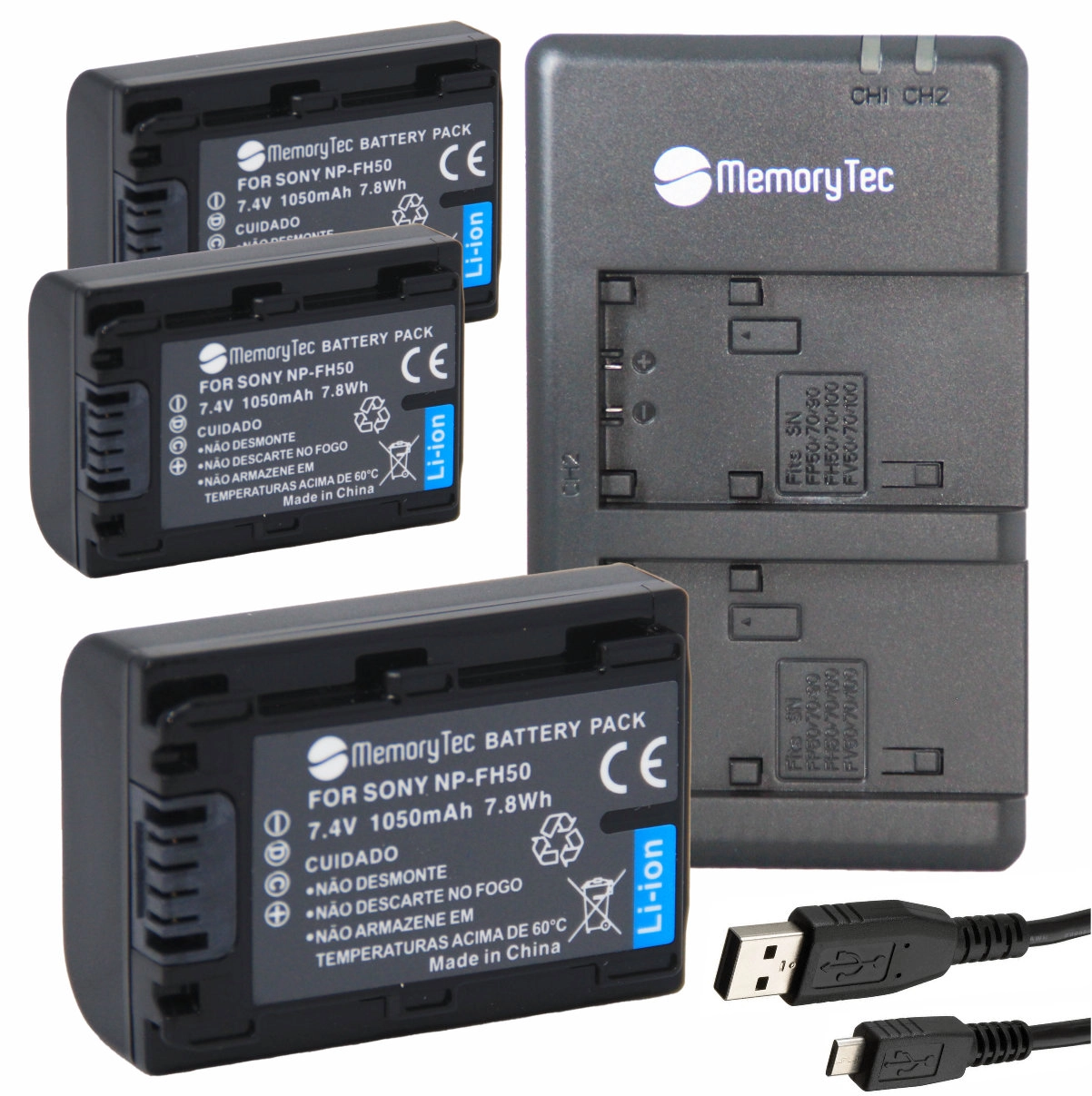 Kit 3 Baterias NP-FH50 + Carregador Duplo para Sony Kit 3 Baterias NP-FH50 + Carregador Duplo para Sony