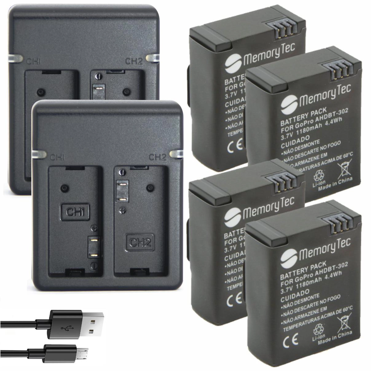Kit 4 AHDBT-201 + 2 Carregadores Duplo Para GoPro 3
