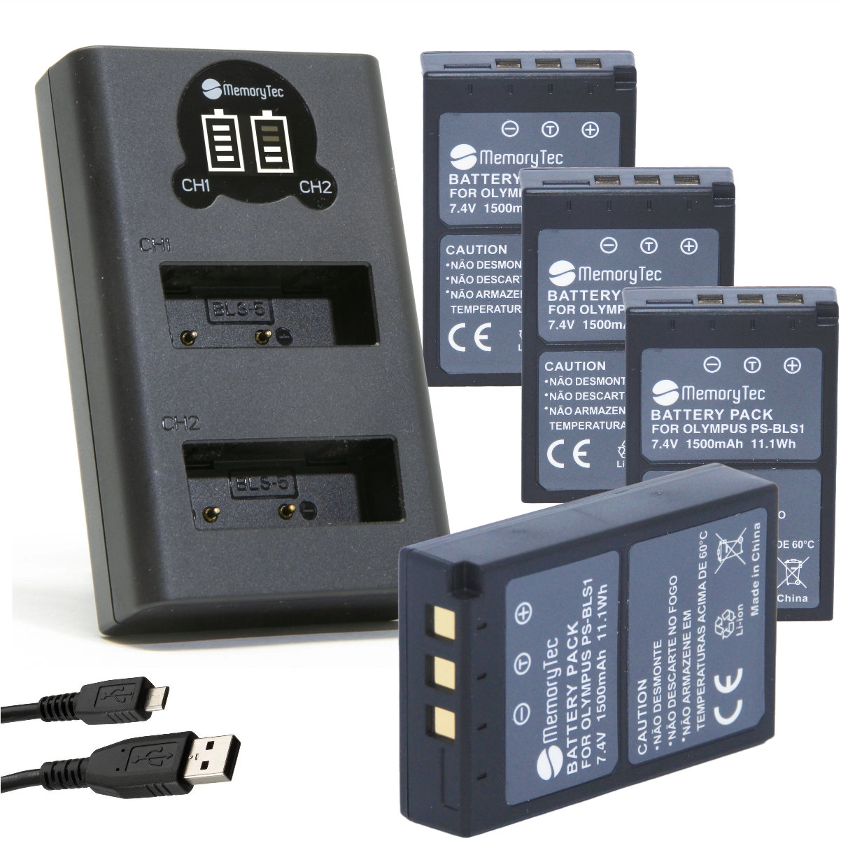 Kit 4 Baterias PS-BLS1 + Carregador Duplo DL para Olympus