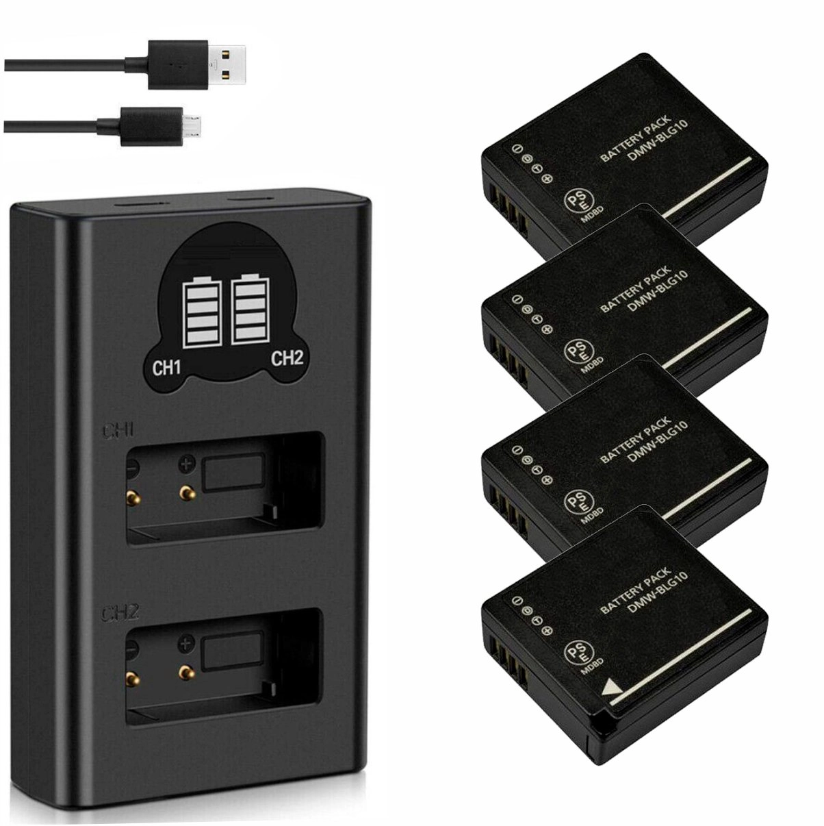 Kit 4 Baterias DMW-BLG10 + Carregador Duplo DL para Panasonic Kit 4 Baterias DMW-BLG10 + Carregador Duplo DL para Panasonic