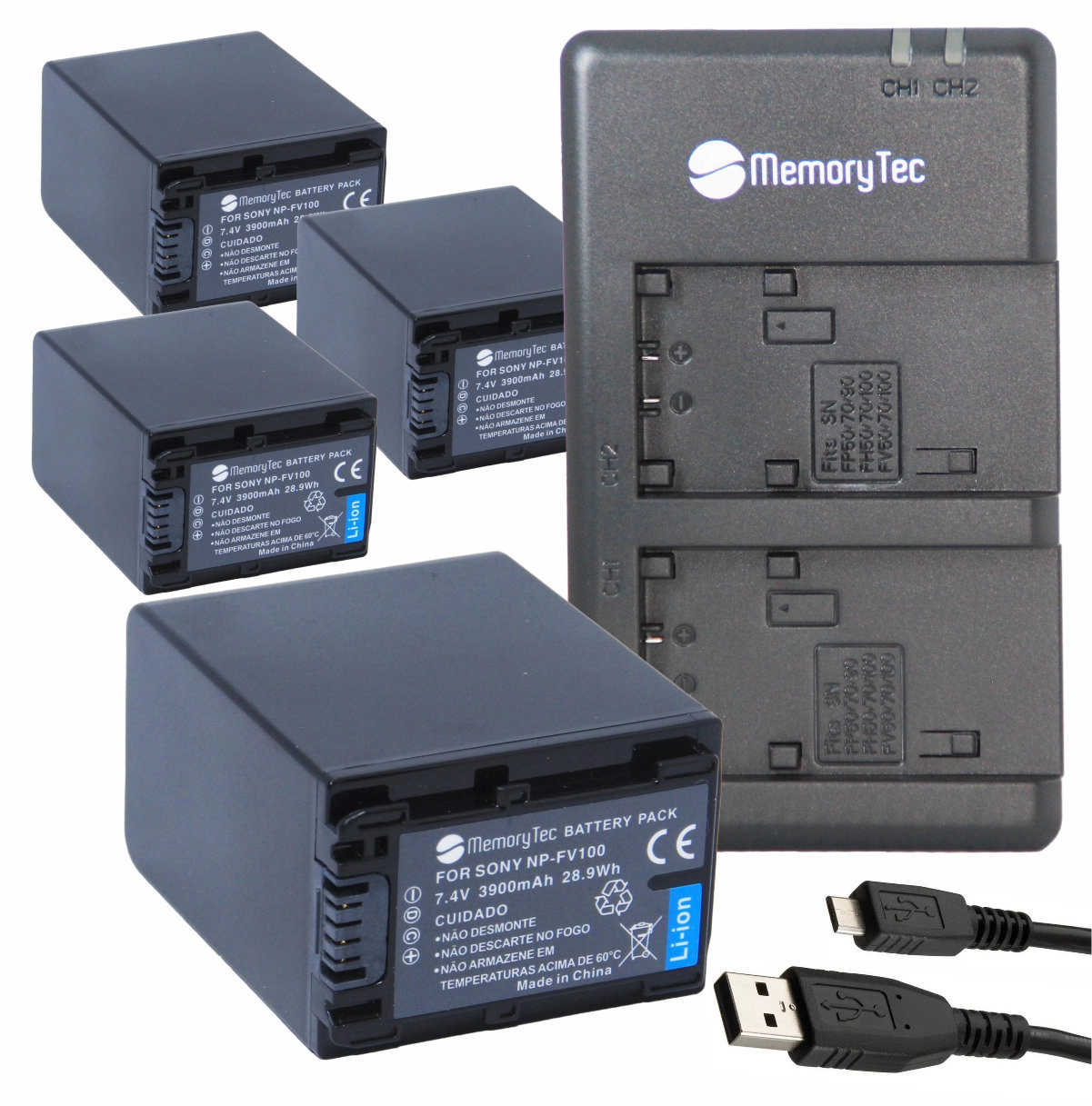 Kit 4 Baterias NP-FV100 + Carregador Duplo DU para Sony