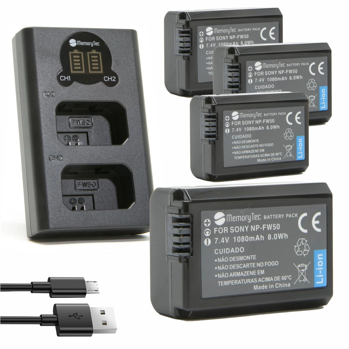 Kit 4 Baterias NP-FW50 + 1 Carregador Duplo DL para Sony