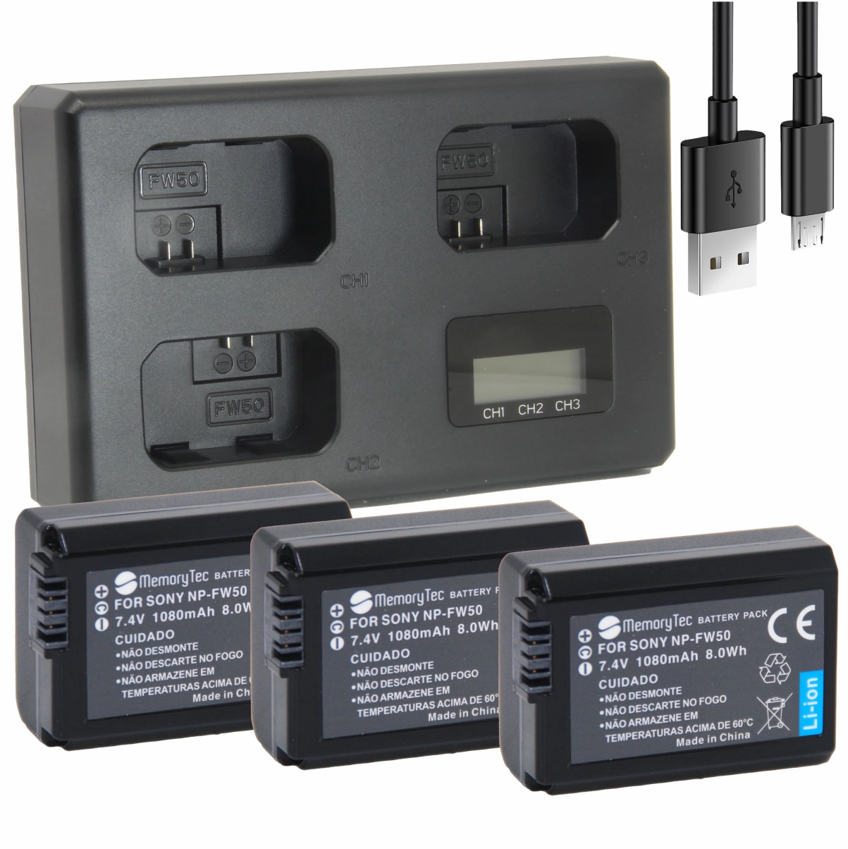 Kit 3 Baterias NP-FW50 + Carregador Triplo para sony Kit 3 Baterias NP-FW50 + Carregador Triplo para sony