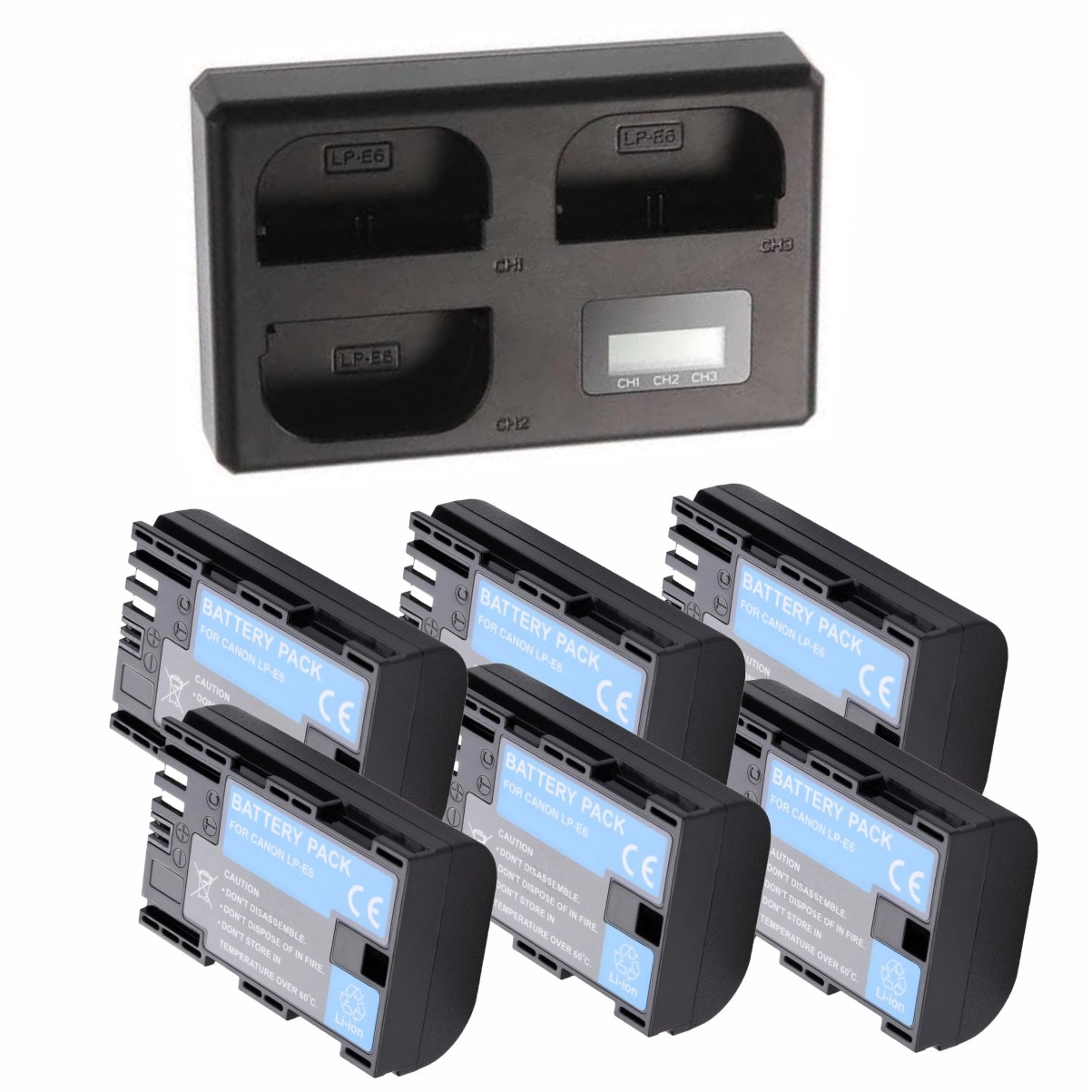 Kit 6 Baterias LP-E6 + Carregador Triplo TT para Canon