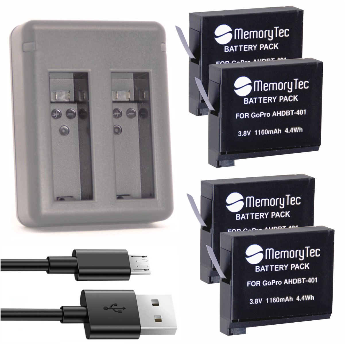 Kit 4 Baterias AHDBT-401 + Carregador Duplo para GoPro 4