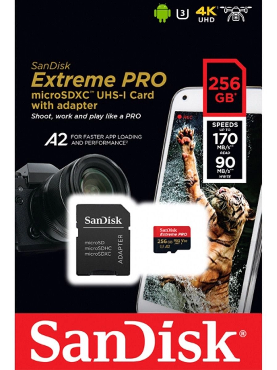 Micro SDXC 256GB Sandisk Extreme PRO 170MB/S 4K UHD com Adaptador Micro SDXC 256GB Sandisk Extreme PRO 170MB/S 4K UHD com Adaptador