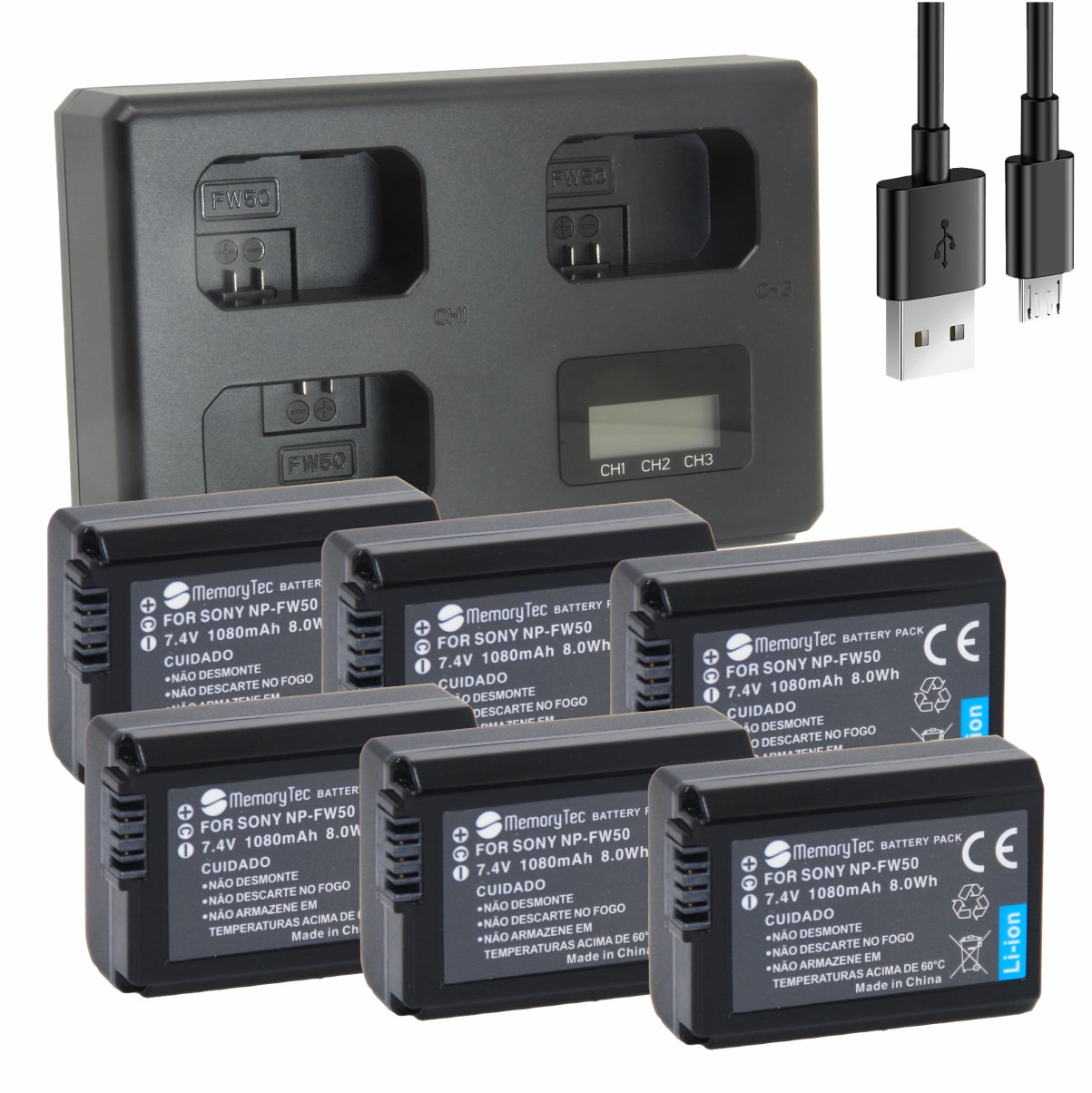Kit 6 Baterias NP-FW50 + Carregador Triplo para Sony Kit 6 Baterias NP-FW50 + Carregador Triplo para Sony