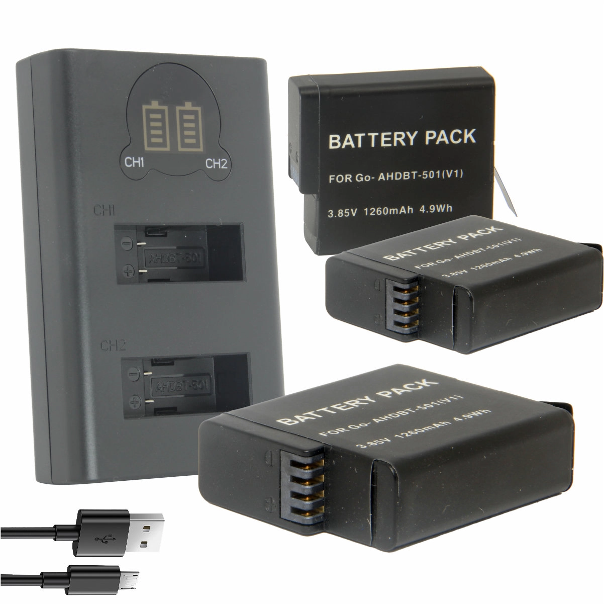 Kit 3 Baterias AHDBT-501 + Carregador Duplo para GoPro 5 Kit 3 Baterias AHDBT-501 + Carregador Duplo para GoPro 5