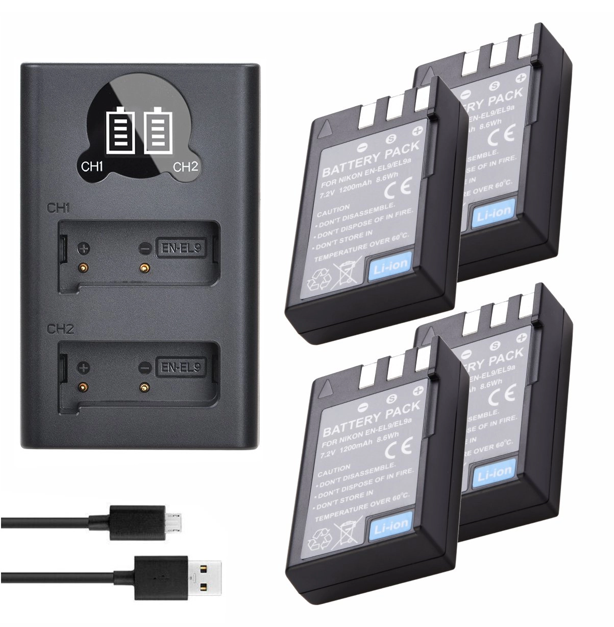 Kit 4 Baterias EN-EL9 + Carregador Duplo DL para Nikon