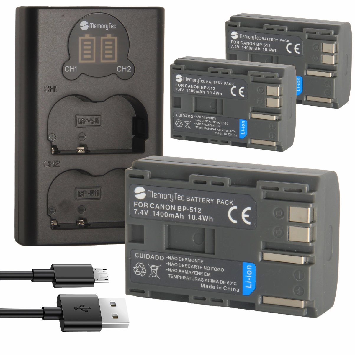 Kit 3 Baterias BP-512 + Carregador Duplo para Canon