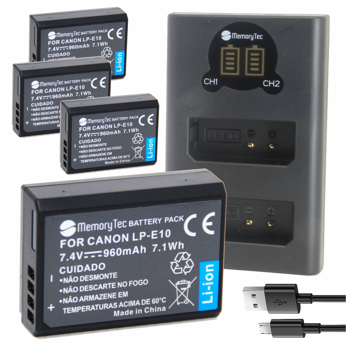 Kit 4 Baterias LP-E10 + Carregador Duplo DL para Canon