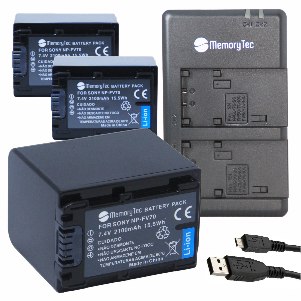 Kit 3 Baterias NP-FV70 + Carregador Duplo para Sony Kit 3 Baterias NP-FV70 + Carregador Duplo para Sony