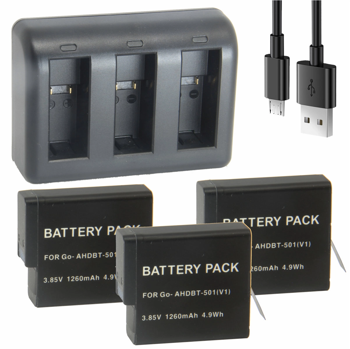 Kit 3 Baterias AHDBT-501 + Carregador Triplo para GoPro 5