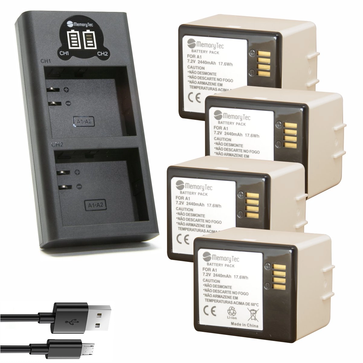 Kit 4 Baterias MemoryTec A1/A1b + Carregador Duplo DL para Arlo Pro 2 Kit 4 Baterias MemoryTec A1/A1b + Carregador Duplo DL para Arlo Pro 2
