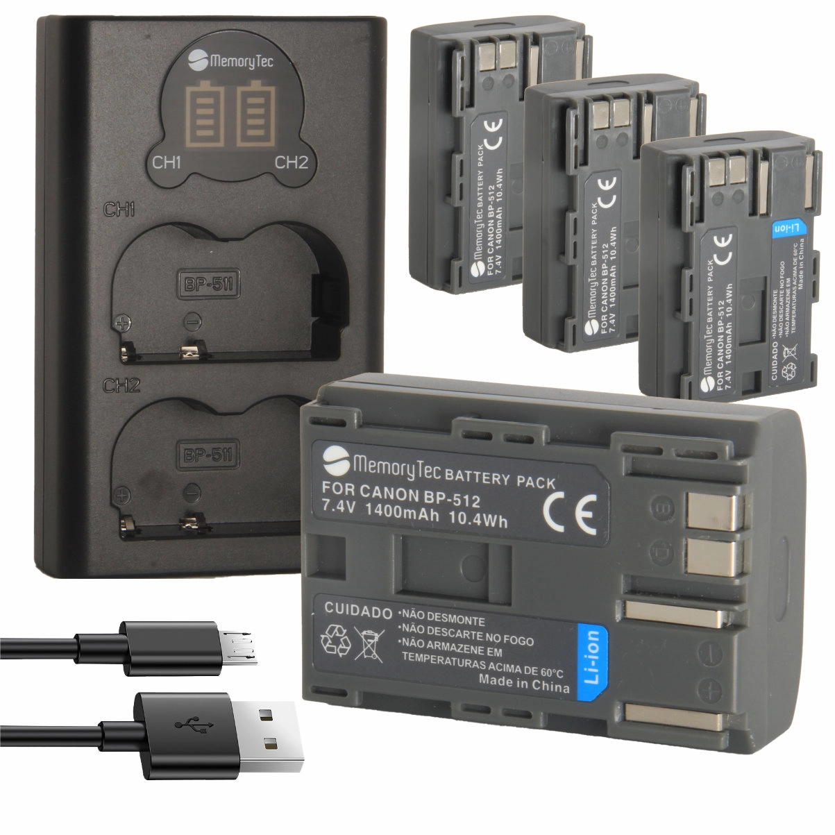 Kit 4 Baterias BP-512 + Carregador Duplo DL para Canon