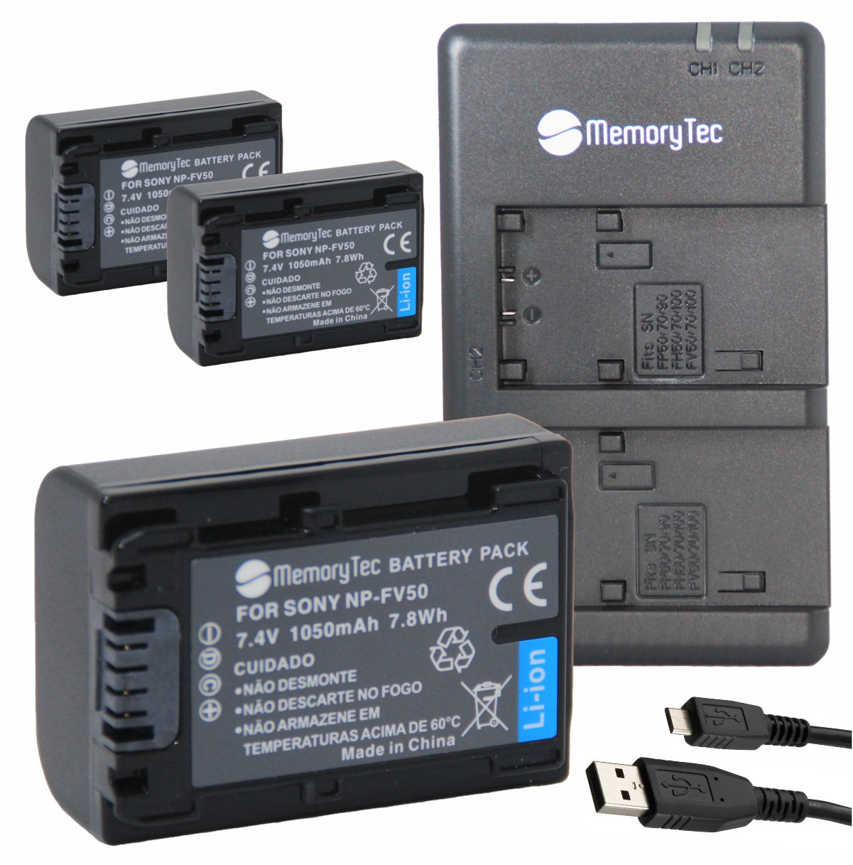 Kit 3 Baterias NP-FV50 + Carregador Duplo para Sony Kit 3 Baterias NP-FV50 + Carregador Duplo para Sony