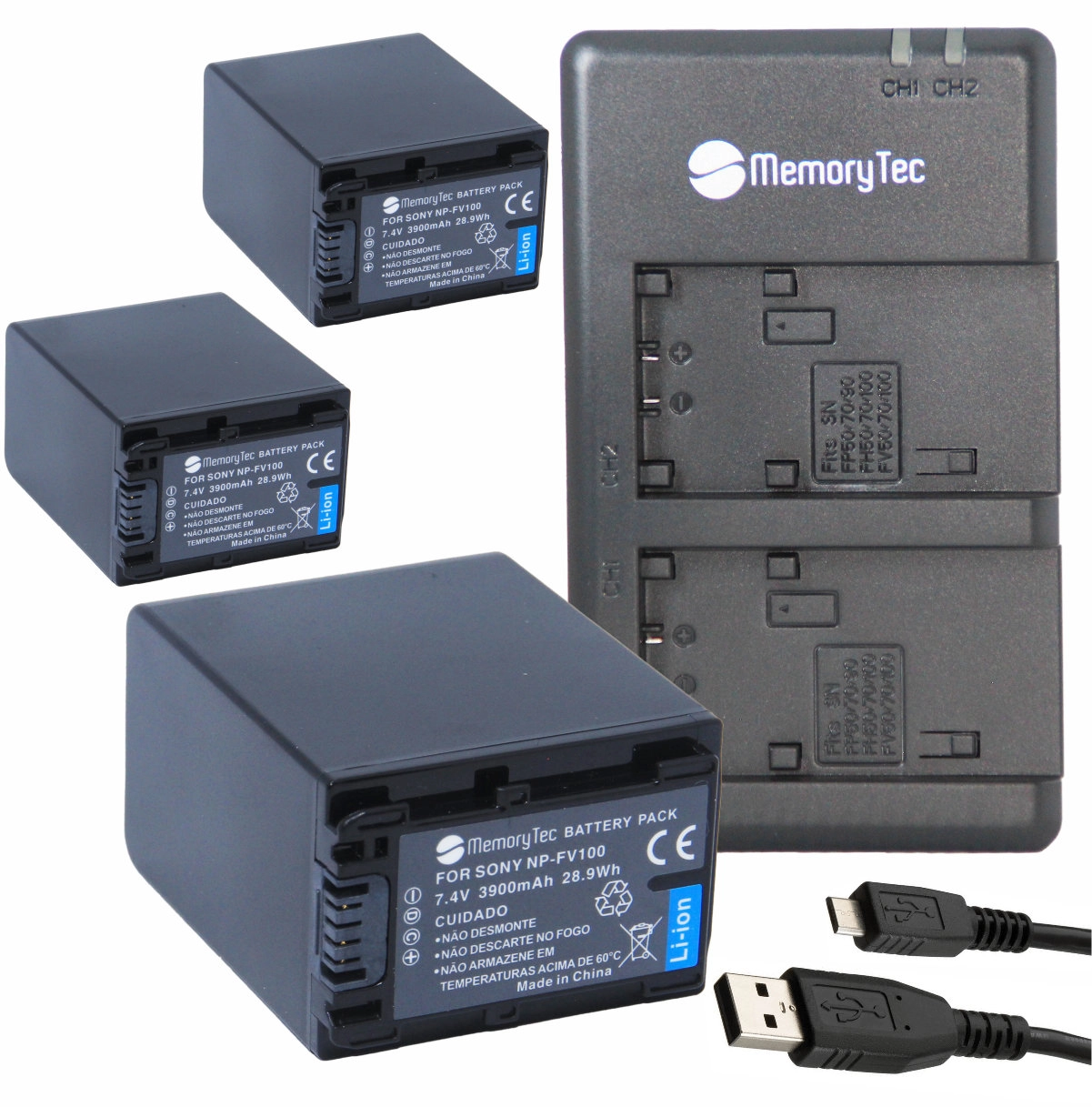 Kit 3 Baterias NP-FV100 + Carregador Duplo para Sony