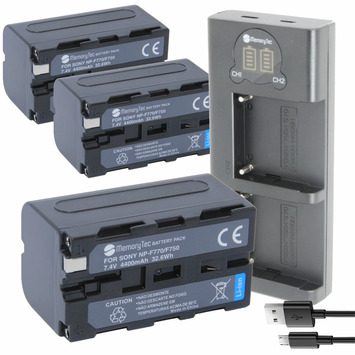 Kit 3 Baterias NP-F750/770 + Carregador Duplo DL para Sony e Iluminadores LED