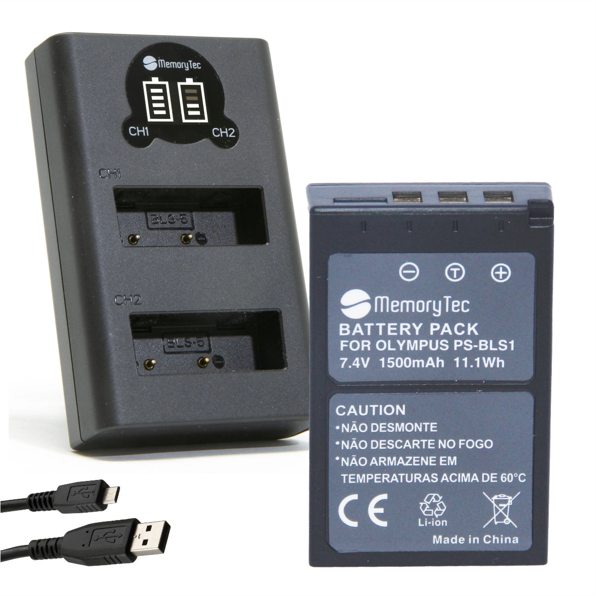 Kit 1 Bateria PS-BLS1 + Carregador Duplo para Olympus