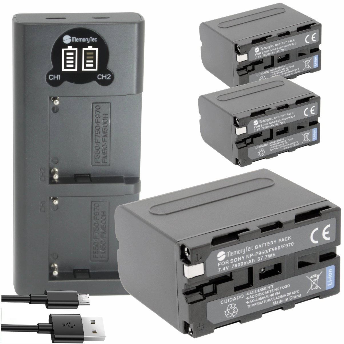 Kit 3 Baterias NP-F970 + Carregador Duplo para Sony